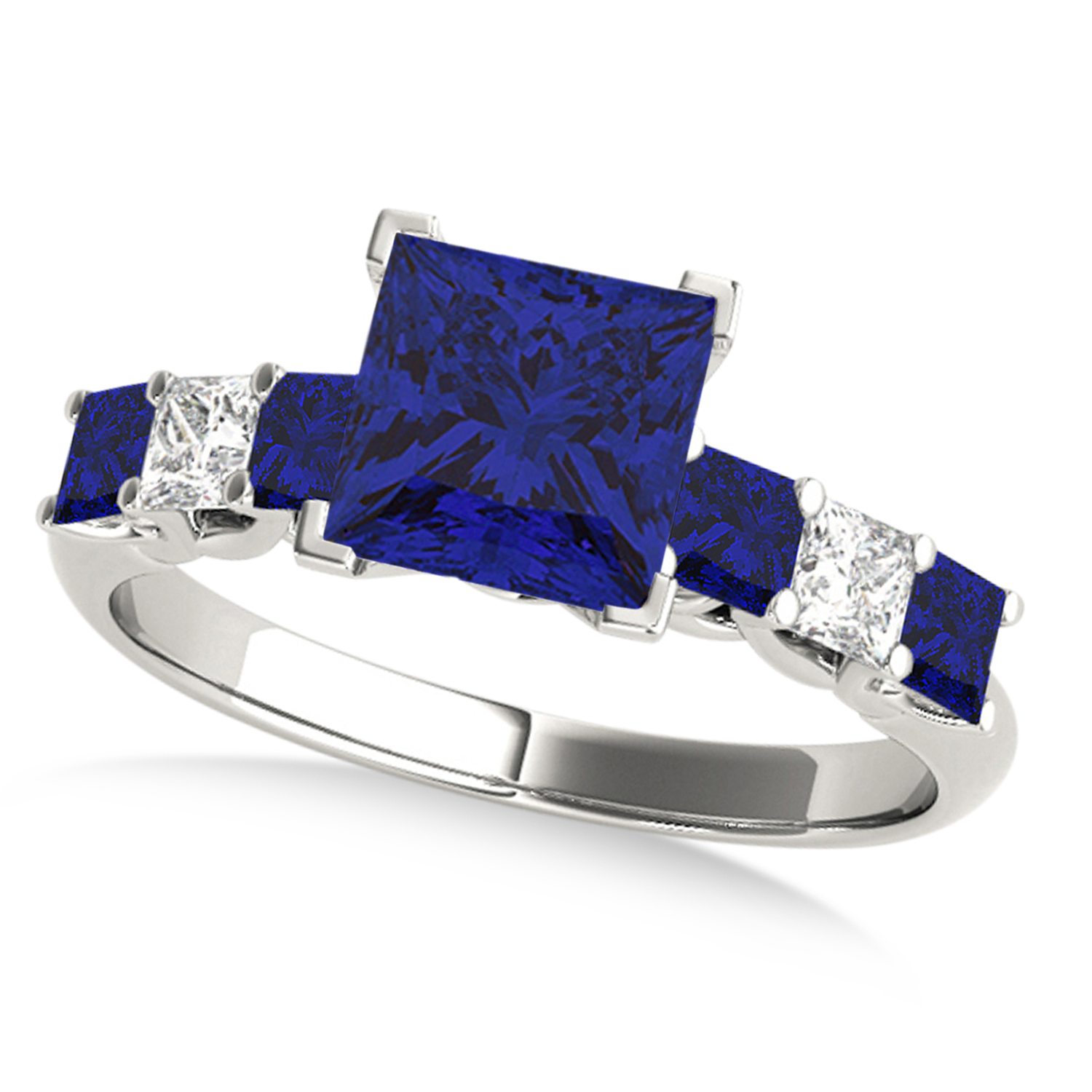 Sidestone Princess Blue Sapphire & Diamond Engagement Ring 18k White Gold (1.60ct)
