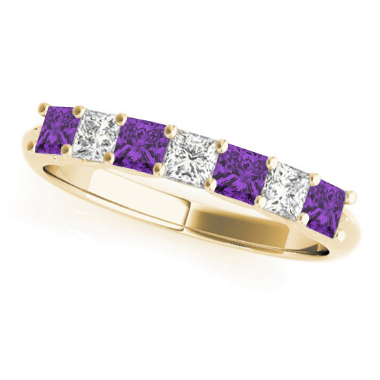 Princess cut Diamond & Amethyst Bridal Set 14k Yellow Gold 1.30ct
