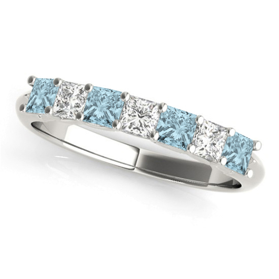 Princess cut Diamond & Aquamarine Bridal Set Palladium 1.30ct