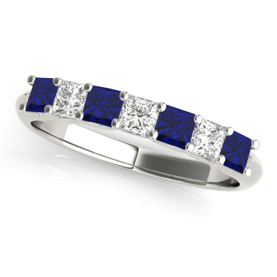 Princess cut Diamond & Blue Sapphire Bridal Set Platinum 1.30ct