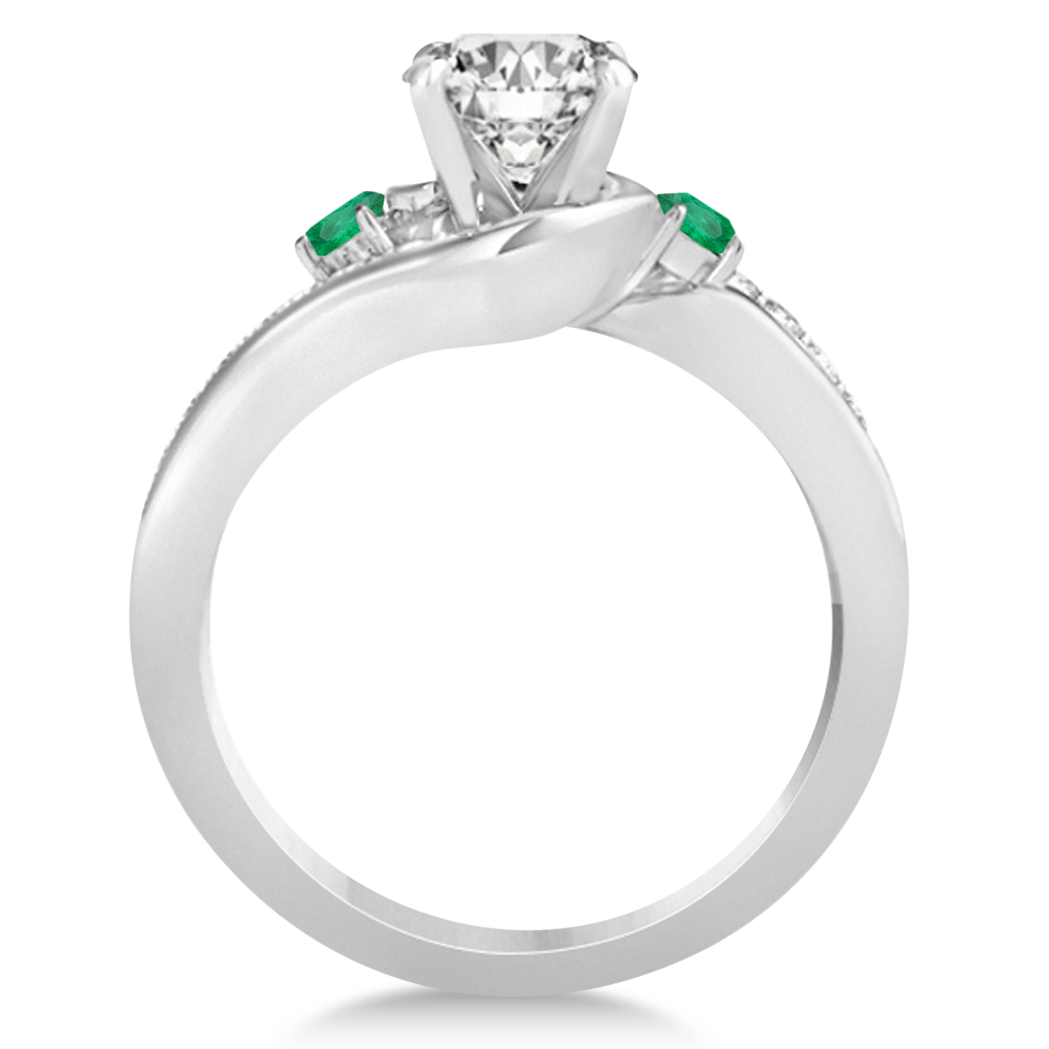 Emerald & Diamond Swirl Engagement Ring & Band Bridal Set 18k White Gold 0.58ct