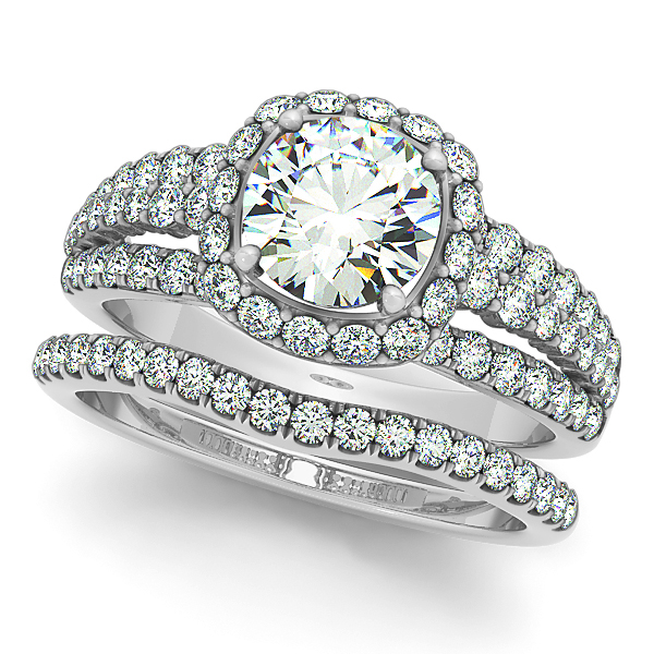 Diamond Halo Engagement Ring & Band Bridal Set 14k. White Gold 1.83ct