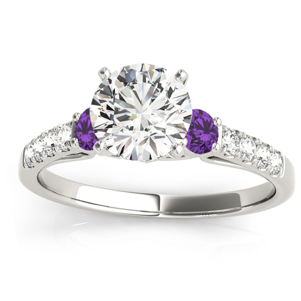 Diamond & Amethyst Three Stone Bridal Set Ring 14k White Gold (0.55ct)