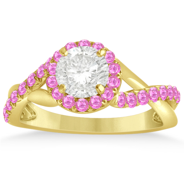 Twisted Shank Halo Pink Sapphire Bridal Set Setting 14k Y. Gold 0.50ct