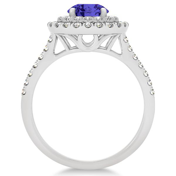 Double Halo Round Tanzanite Engagement Ring 14k White Gold  (1.42ct)