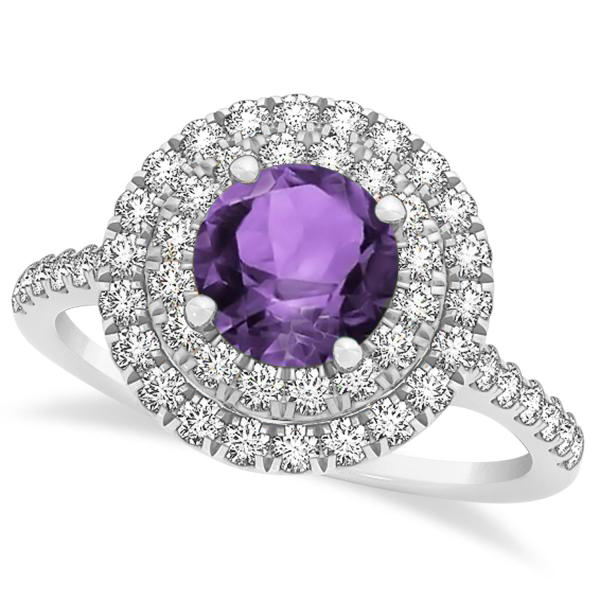 Double Halo Amethyst Ring & Band Bridal Set 14k White Gold 1.59ct