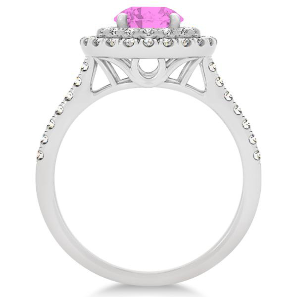 Double Halo Pink Sapphire Ring & Band Bridal Set 14k White Gold 1.59ct
