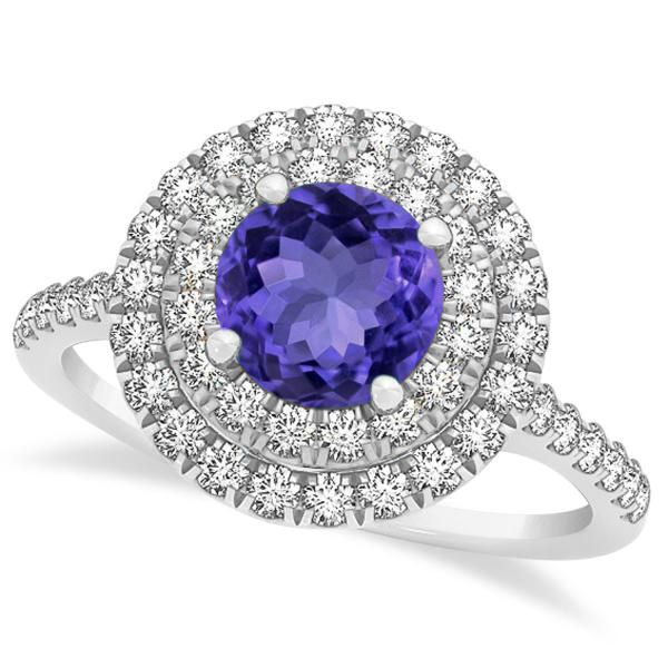 Double Halo Tanzanite Ring & Band Bridal Set 14k White Gold  1.59ct