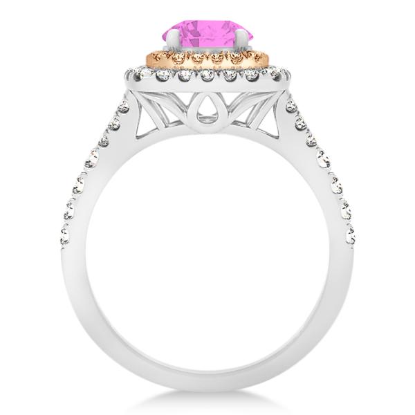 Square Double Halo Pink Sapphire Engagement Ring 14k Two-Tone Gold 1.38ct
