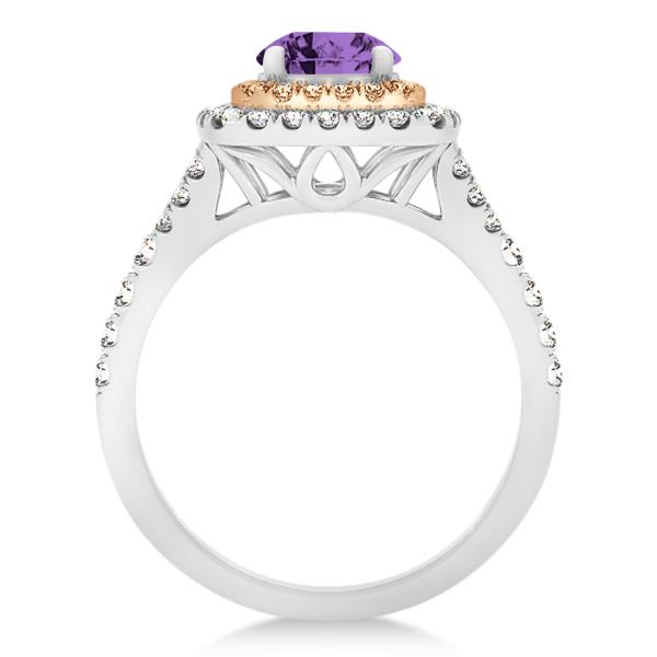 Square Double Halo Amethyst Ring Bridal Set 14k TwoTone Gold 1.55ct