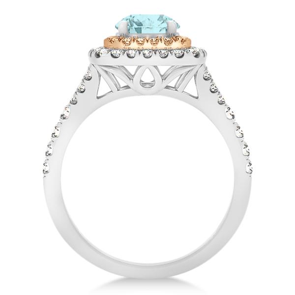 Square Double Halo Aquamarine Bridal Ring Set 14k Two-Tone Gold 1.55ct