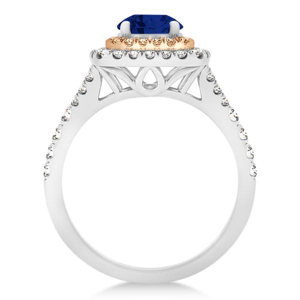 Square Double Halo Blue Sapphire Bridal Ring Set 14k Two-Tone Gold 1.55ct