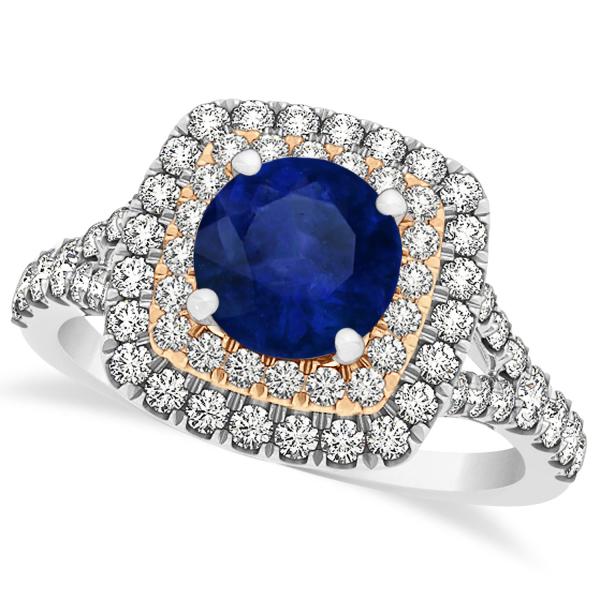 Square Double Halo Blue Sapphire Bridal Ring Set 14k Two-Tone Gold 1.55ct