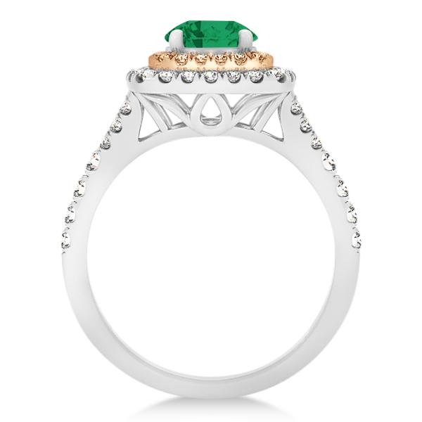 Square Double Halo Emerald Ring & Band Bridal Set 14k Two-Tone Gold 1.55ct