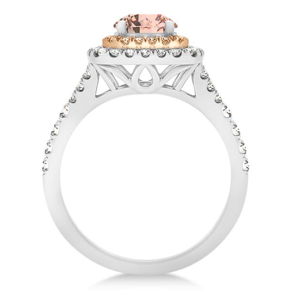 Square Double Halo Morganite Ring & Band Bridal Set 14k Two-Tone Gold 1.55ct
