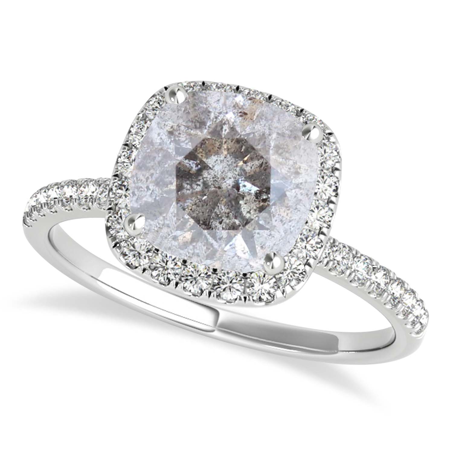 Cushion Salt & Pepper Diamond Halo Bridal Set French Pave 14k White Gold 0.84ct