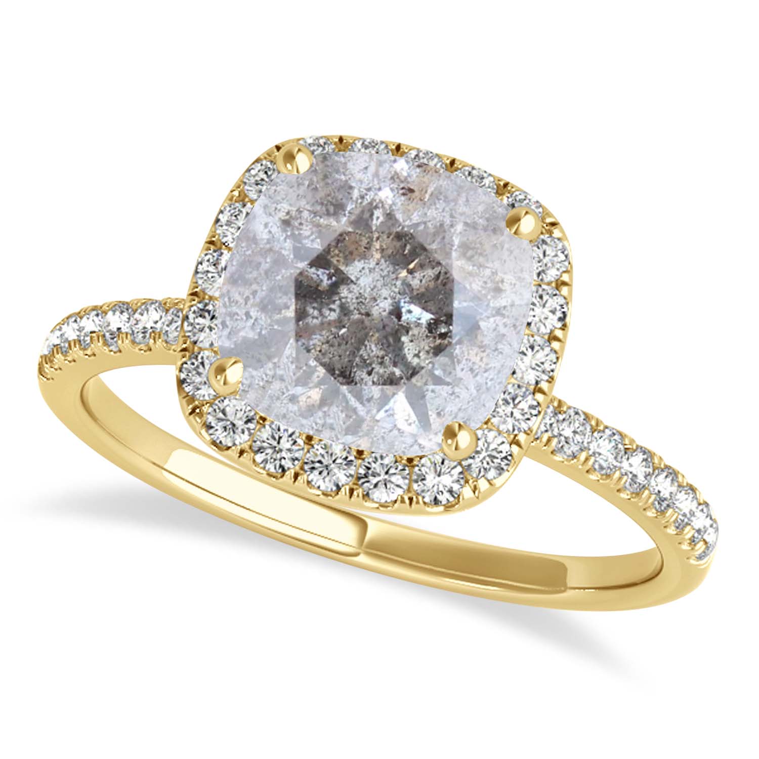 Cushion Salt & Pepper Diamond Halo Bridal Set French Pave 18k Yellow Gold 0.84ct