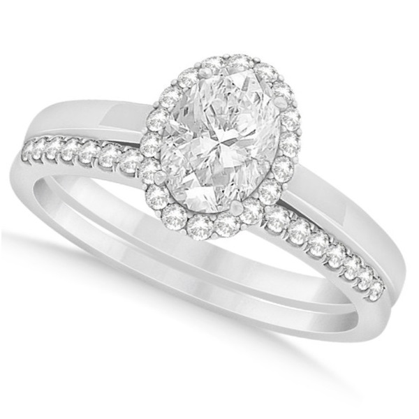 Oval Diamond Halo Engagement Bridal Ring Set 14k White Gold 0.75ct NG102