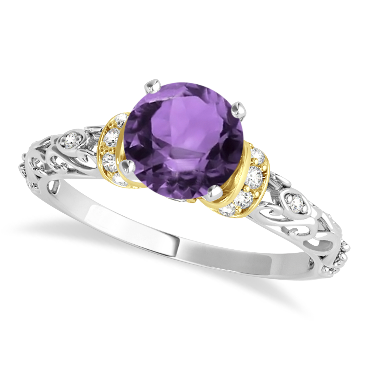 Amethyst & Diamond Antique Style Engagement Ring 14k Two-Tone Gold (1.12ct)