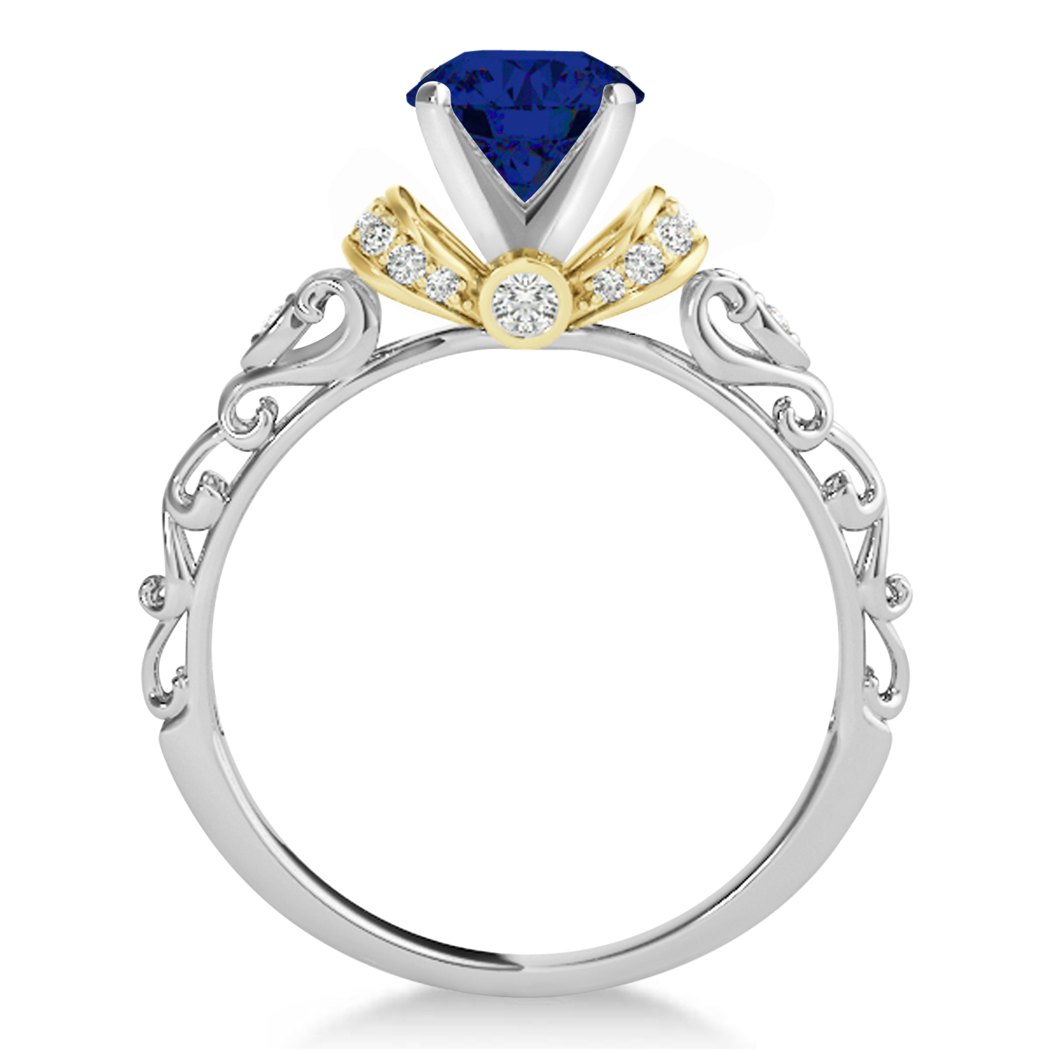 Blue Sapphire & Diamond Antique Style Engagement Ring 14k Two-Tone Gold (1.12ct)