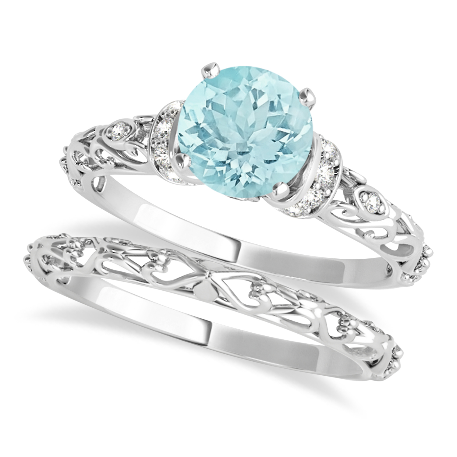 Aquamarine & Diamond Antique Style Bridal Set 18k White Gold (0.87ct)