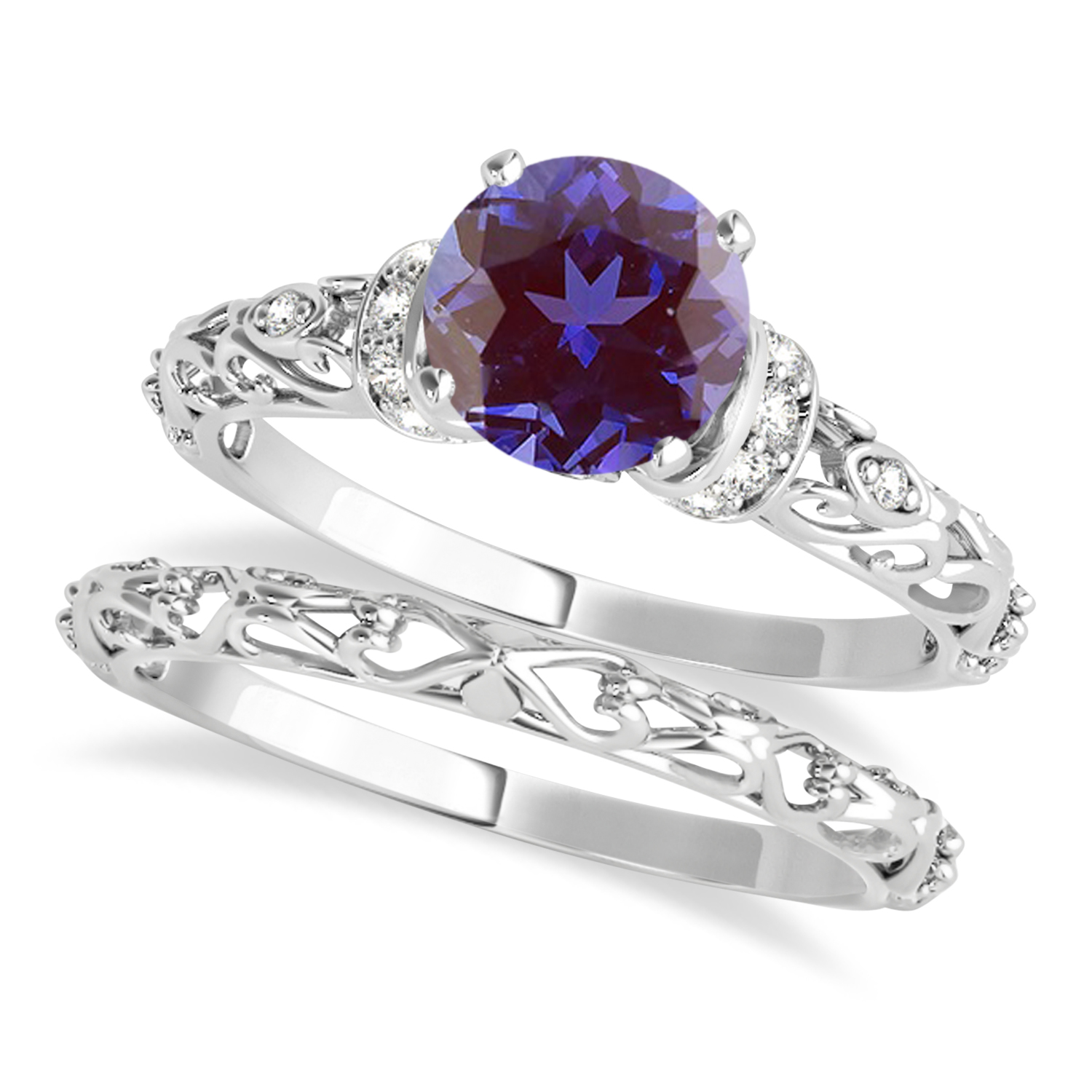 Alexandrite & Diamond Antique Style Bridal Set Palladium (1.12ct)