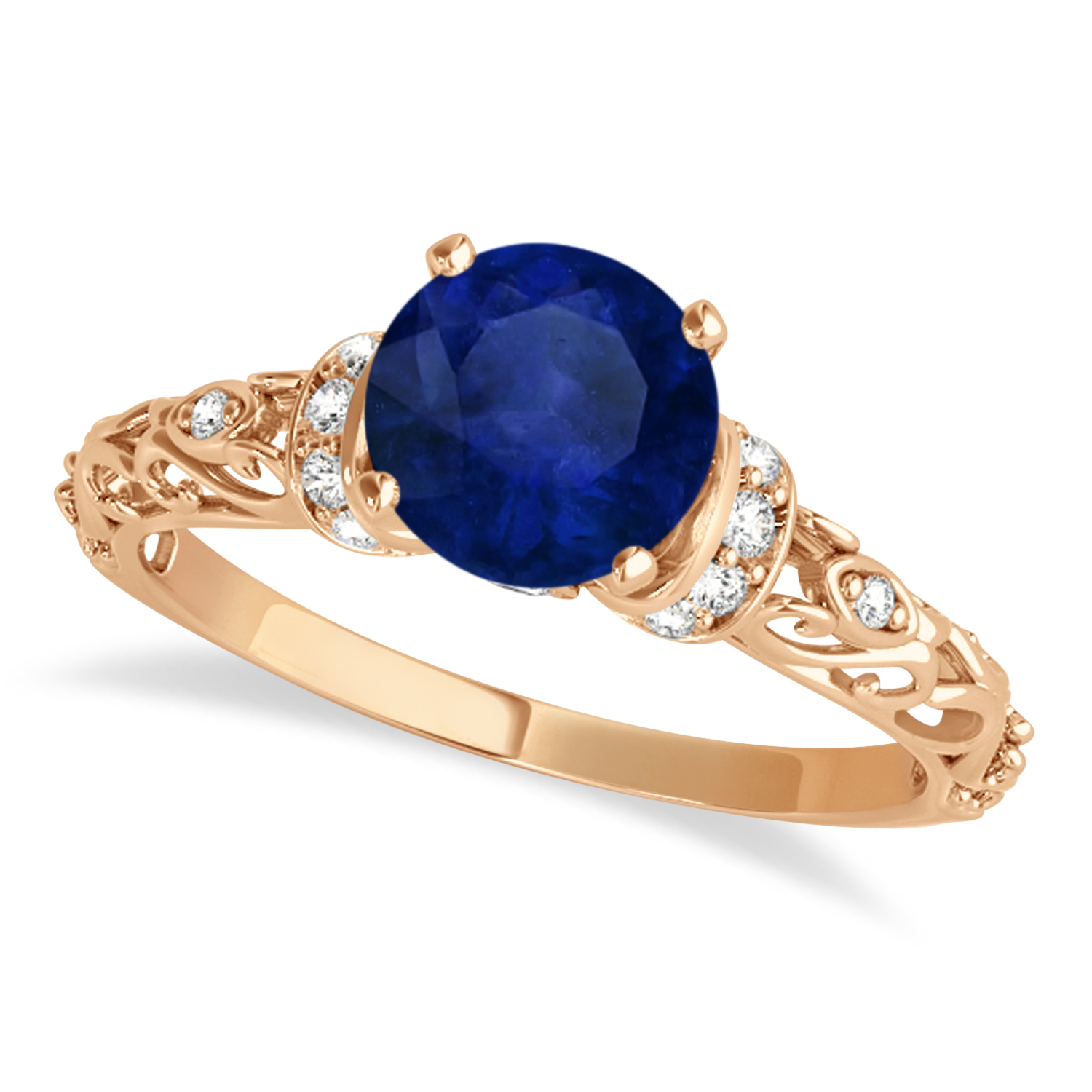 Blue Sapphire & Diamond Antique Style Bridal Set 14k Rose Gold (0.87ct)
