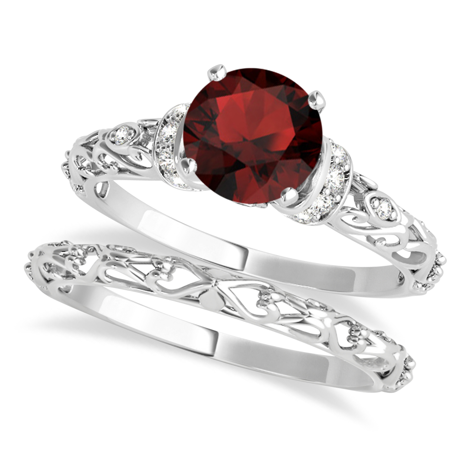 Garnet & Diamond Antique Style Bridal Set 18k White Gold (1.12ct)