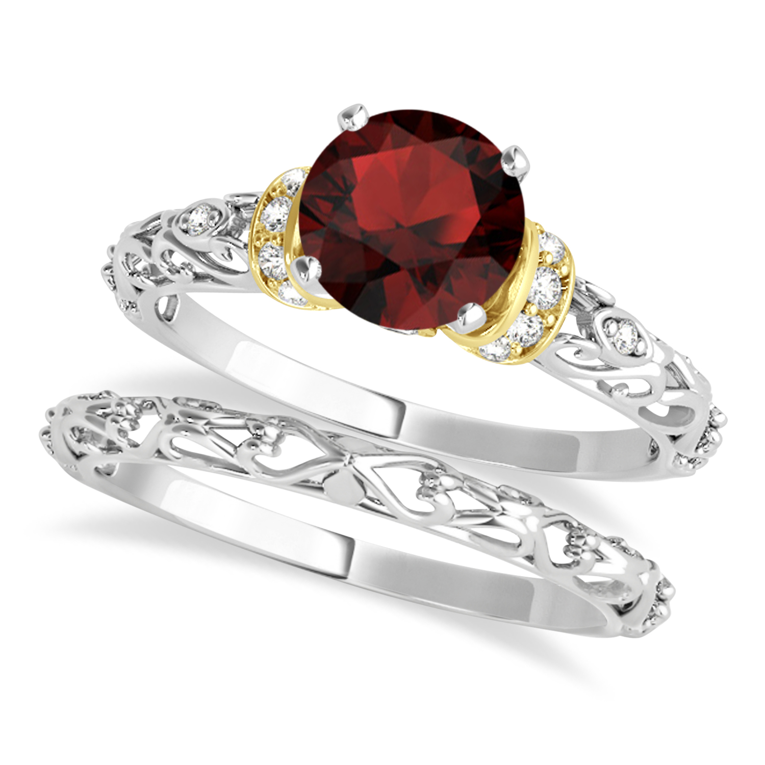 Garnet & Diamond Antique Style Bridal Set 18k Two-Tone Gold (1.12ct)