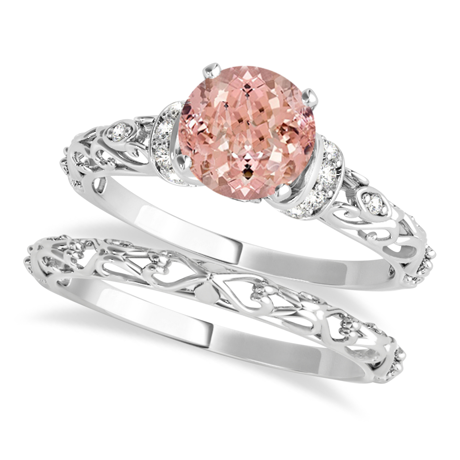 Morganite & Diamond Antique Style Bridal Set 18k White Gold (0.87ct)