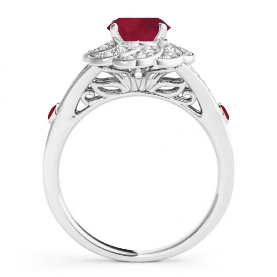 Diamond & Ruby Floral Swirl Engagement Ring 14k White Gold (1.25ct)
