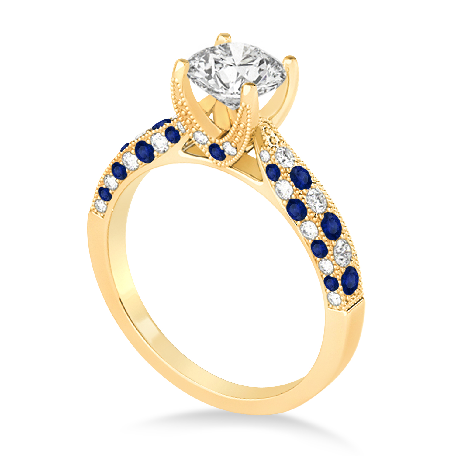 Alternating Diamond & Blue Sapphire Engravable Engagement Ring in 14k Yellow Gold (0.45ct)