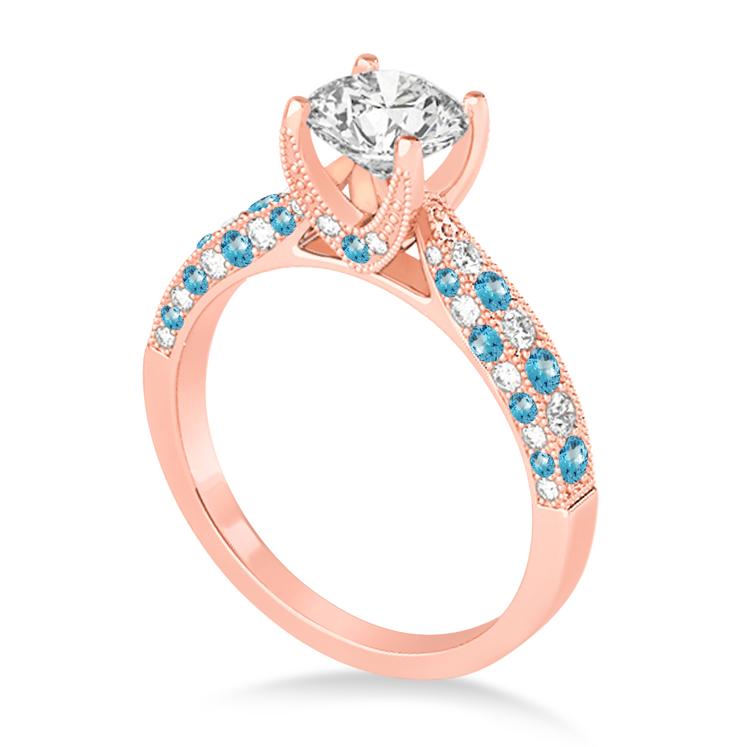 Alternating Diamond & Blue Topaz Engravable Engagement Ring in 18k Rose Gold (0.45ct)