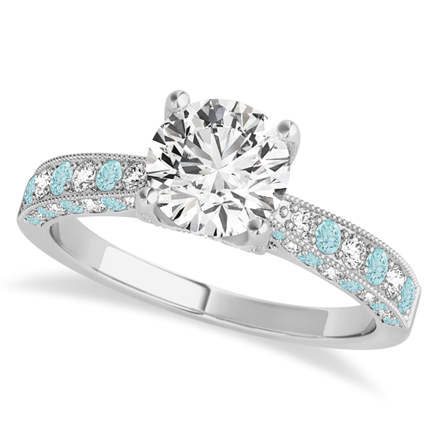 Alternating Diamond & Aquamarine Engravable Engagement Ring in 18k White Gold (0.45ct)