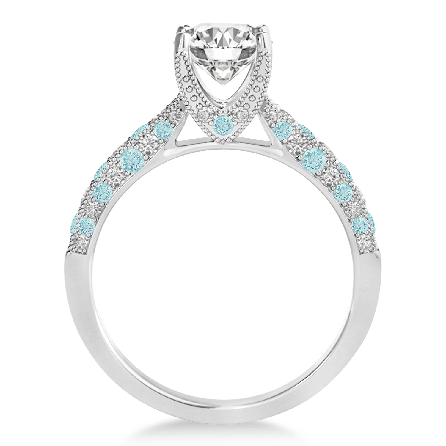 Alternating Diamond & Aquamarine Engravable Engagement Ring in 18k White Gold (0.45ct)