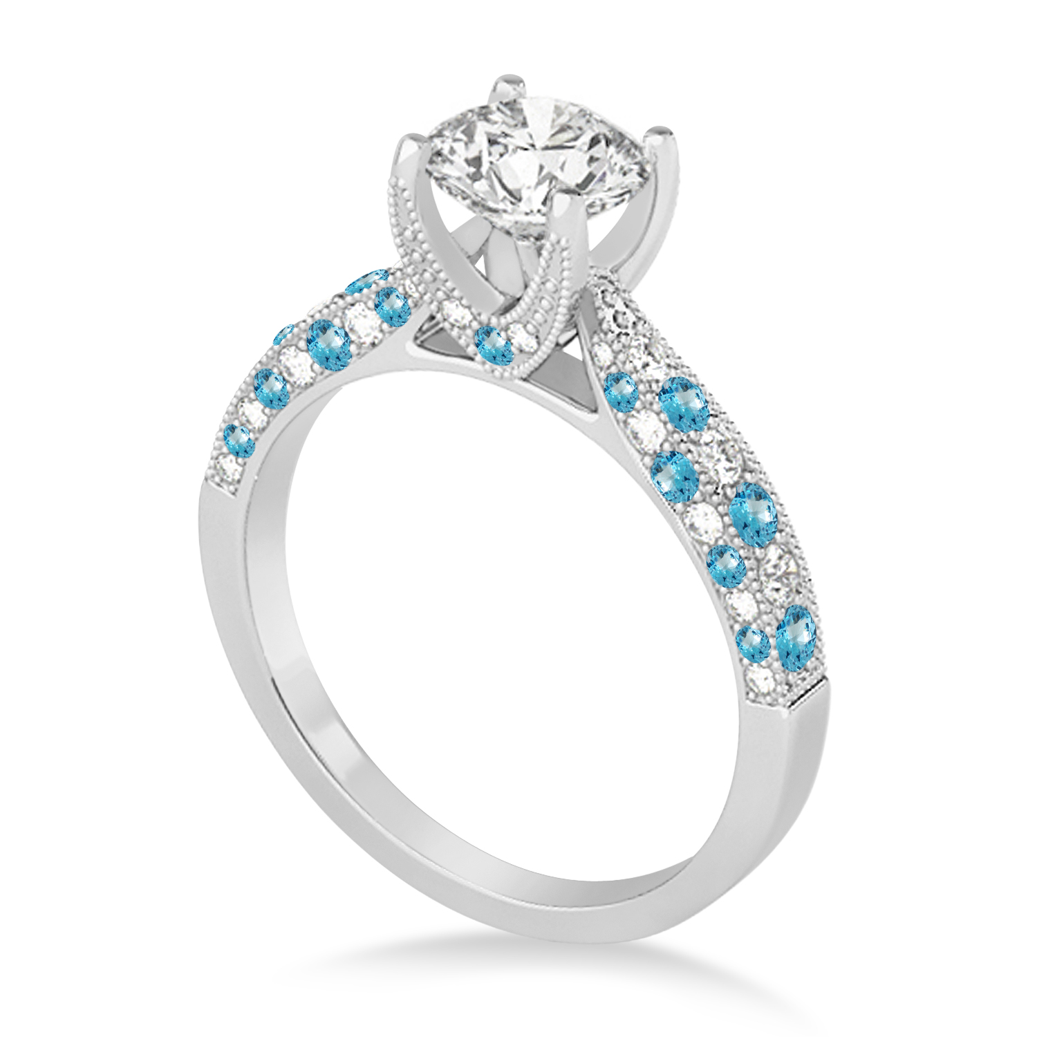 Alternating Diamond & Blue Topaz Engravable Engagement Ring in 18k White Gold (0.45ct)