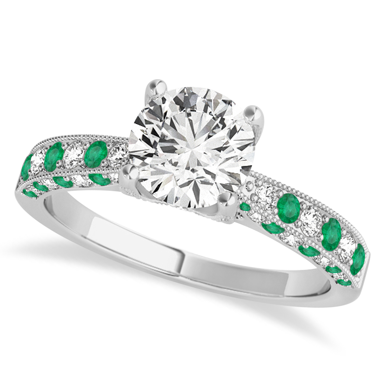 Alternating Diamond & Emerald Engravable Engagement Ring in 18k White Gold (0.45ct)