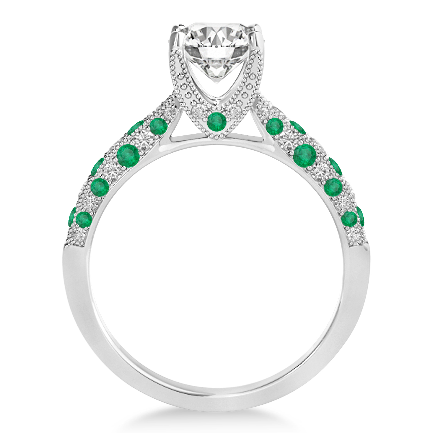 Alternating Diamond & Emerald Engravable Engagement Ring in 18k White Gold (0.45ct)
