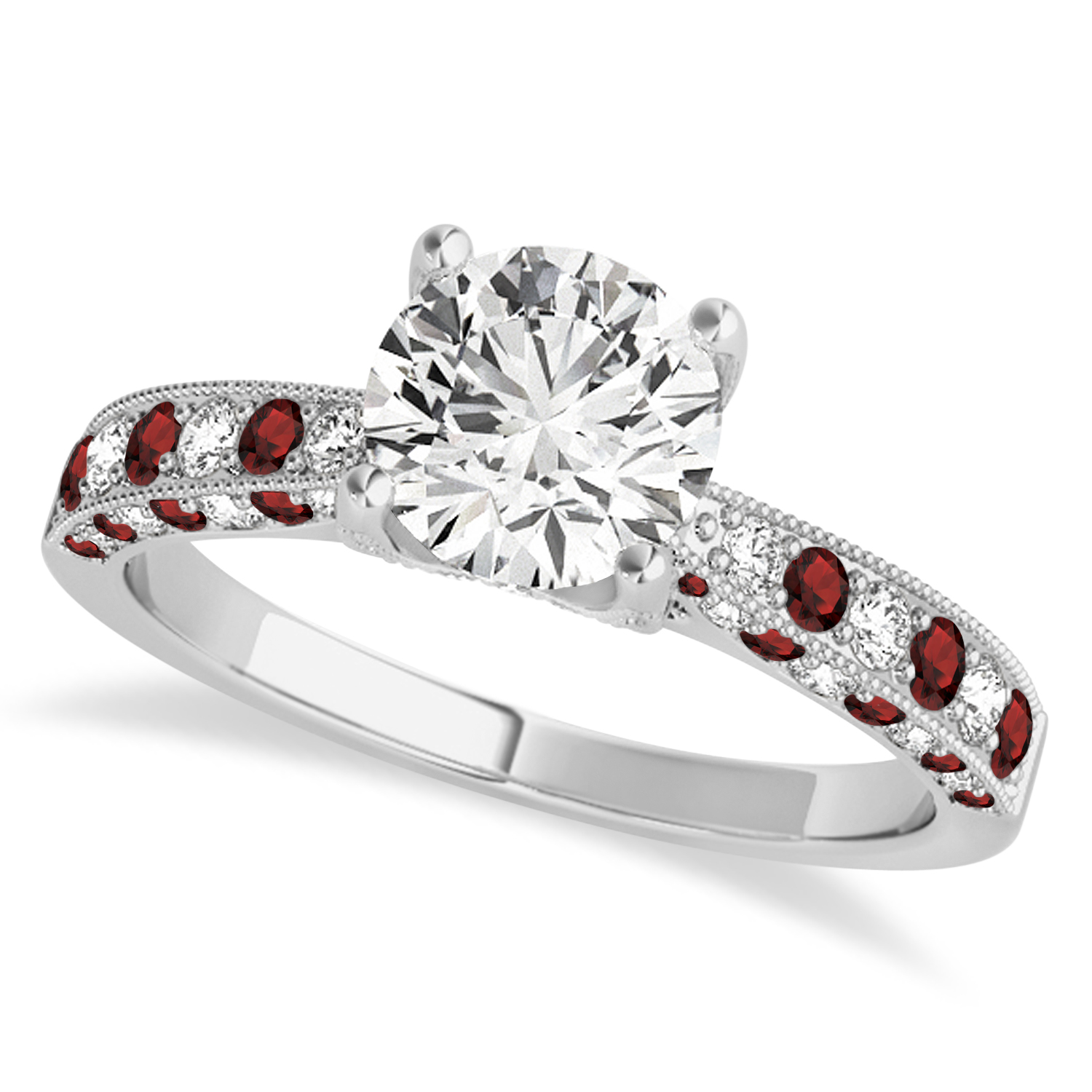 Alternating Diamond & Garnet Engravable Engagement Ring in 18k White Gold (0.45ct)