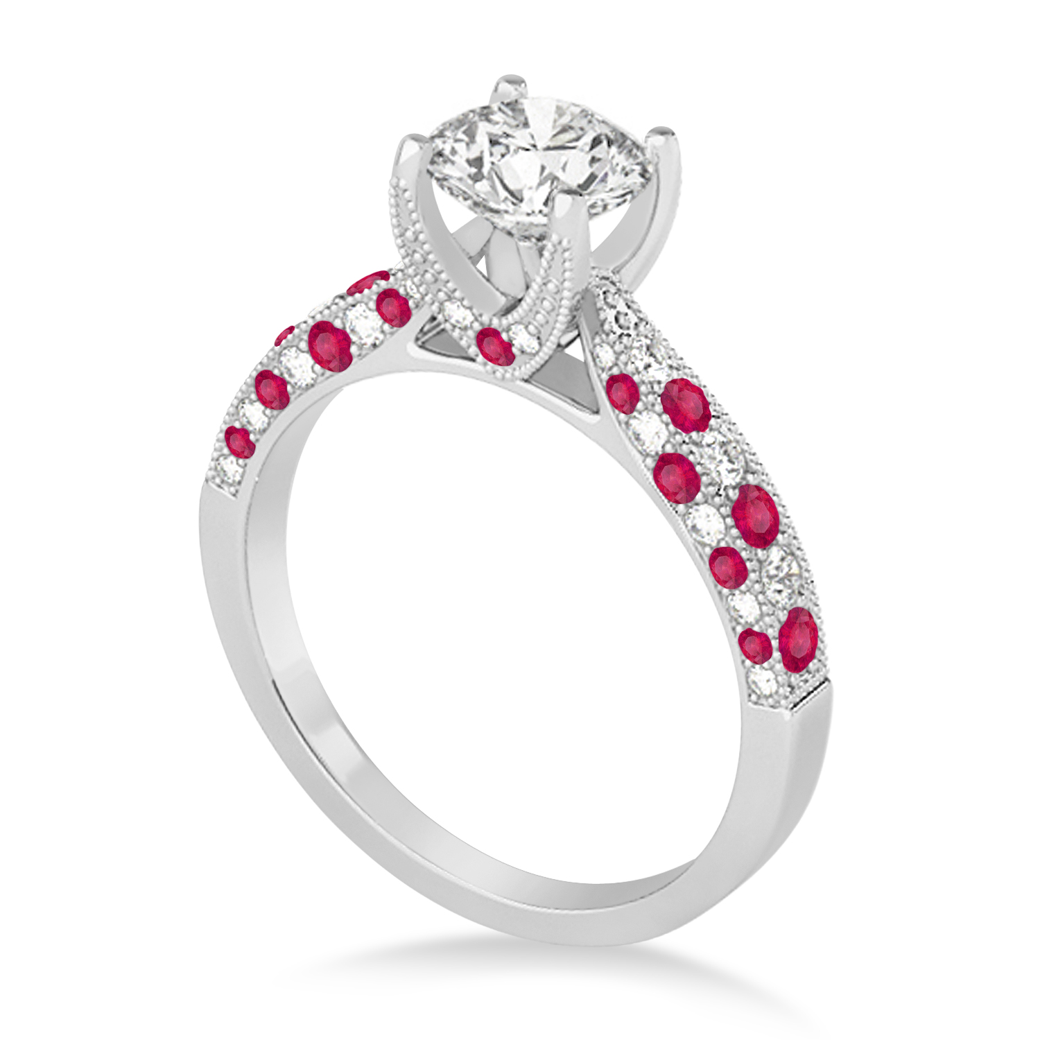 Alternating Diamond & Ruby Engravable Engagement Ring in 18k White Gold (0.45ct)