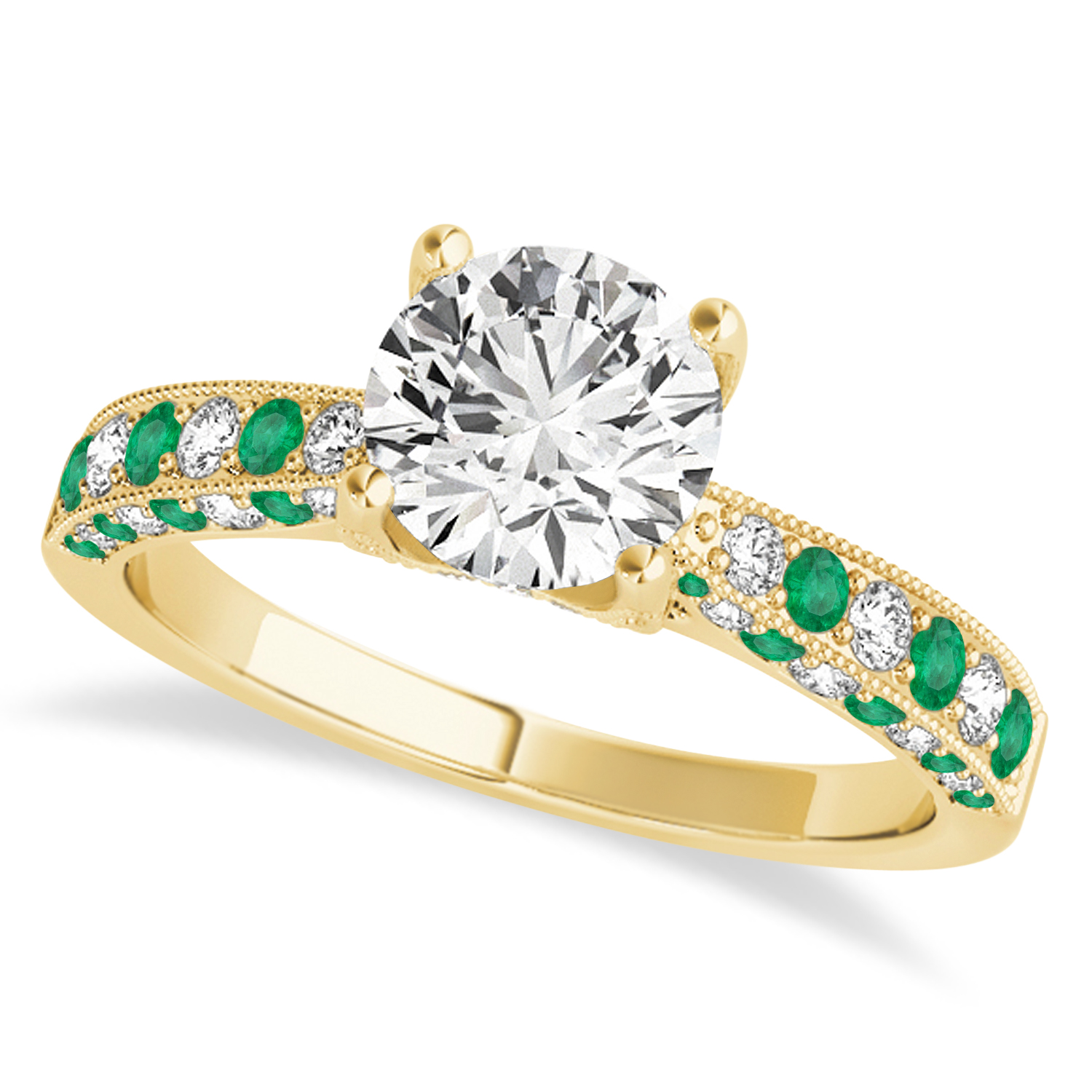Alternating Diamond & Emerald Engravable Engagement Ring in 18k Yellow Gold (0.45ct)
