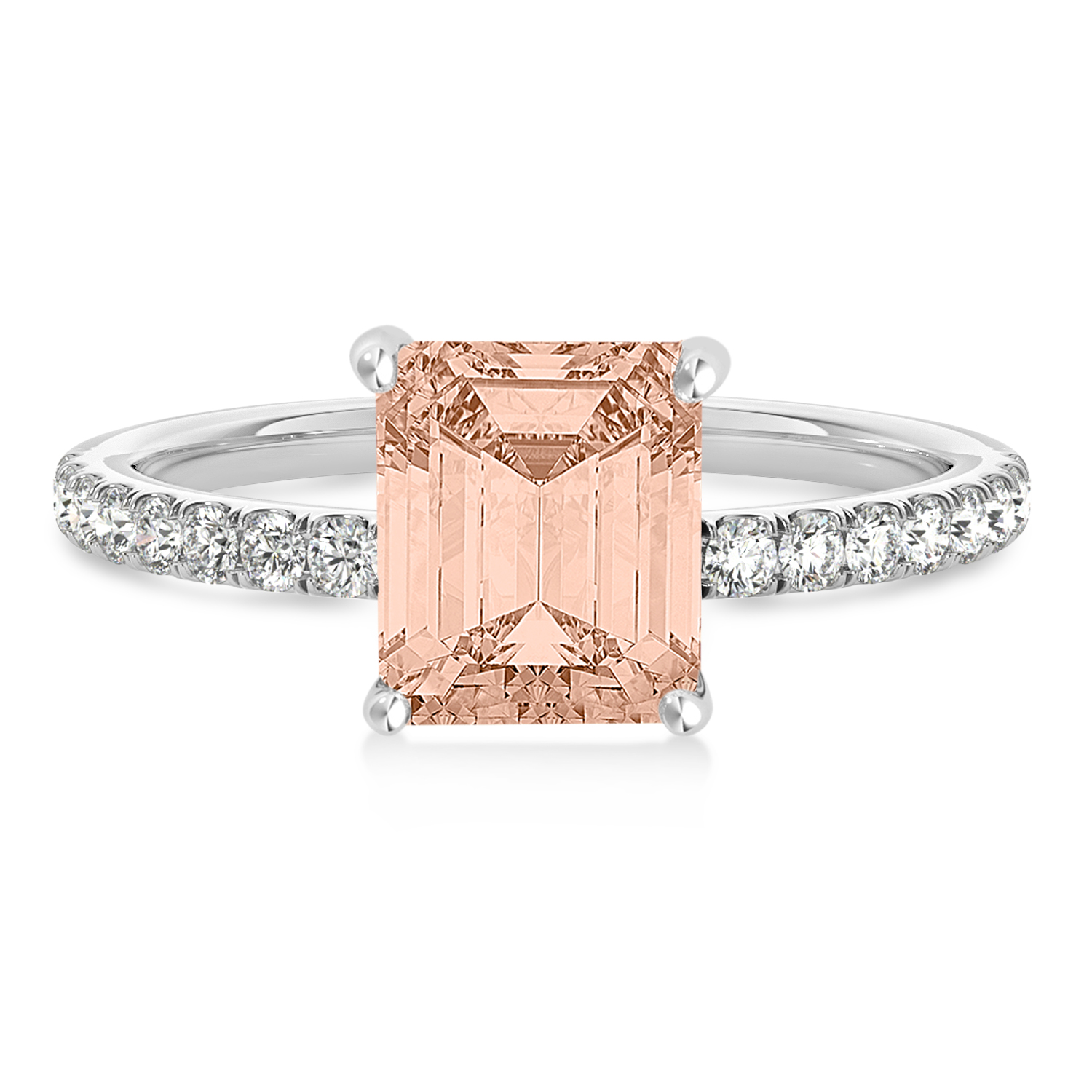 Emerald Morganite & Diamond Single Row Hidden Halo Engagement Ring 14k White Gold (1.31ct)