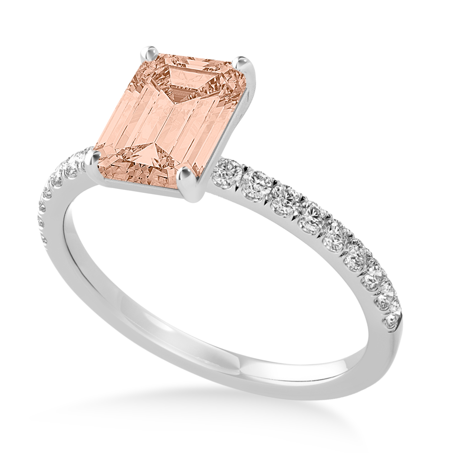 Emerald Morganite & Diamond Single Row Hidden Halo Engagement Ring 18k White Gold (1.31ct)