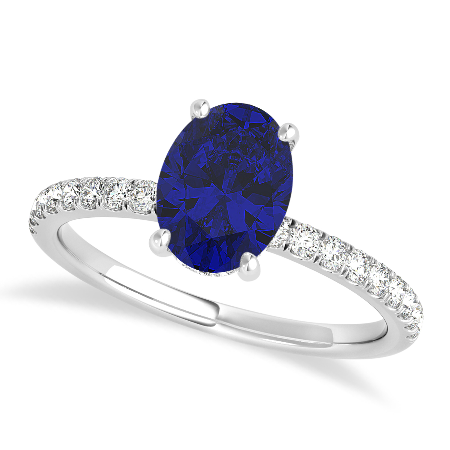 Oval Blue Sapphire & Diamond Single Row Hidden Halo Engagement Ring 18k White Gold (0.68ct)