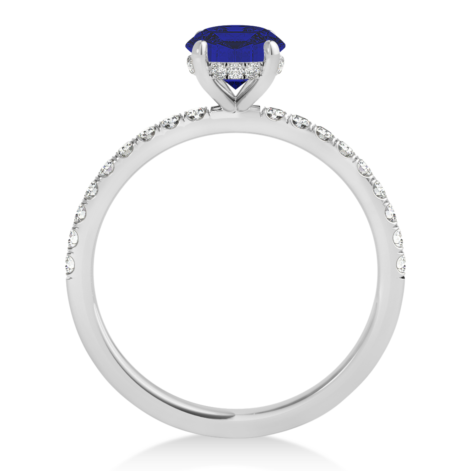 Oval Blue Sapphire & Diamond Single Row Hidden Halo Engagement Ring 18k White Gold (0.68ct)