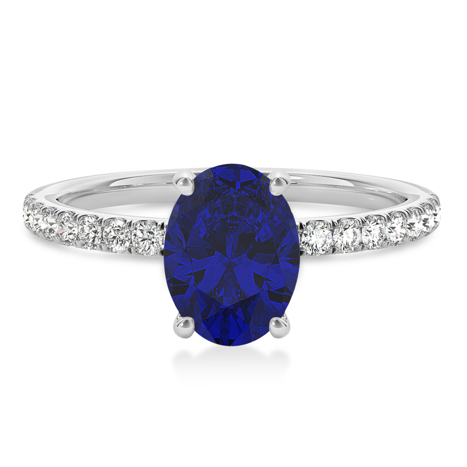 Oval Blue Sapphire & Diamond Single Row Hidden Halo Engagement Ring 18k White Gold (0.68ct)