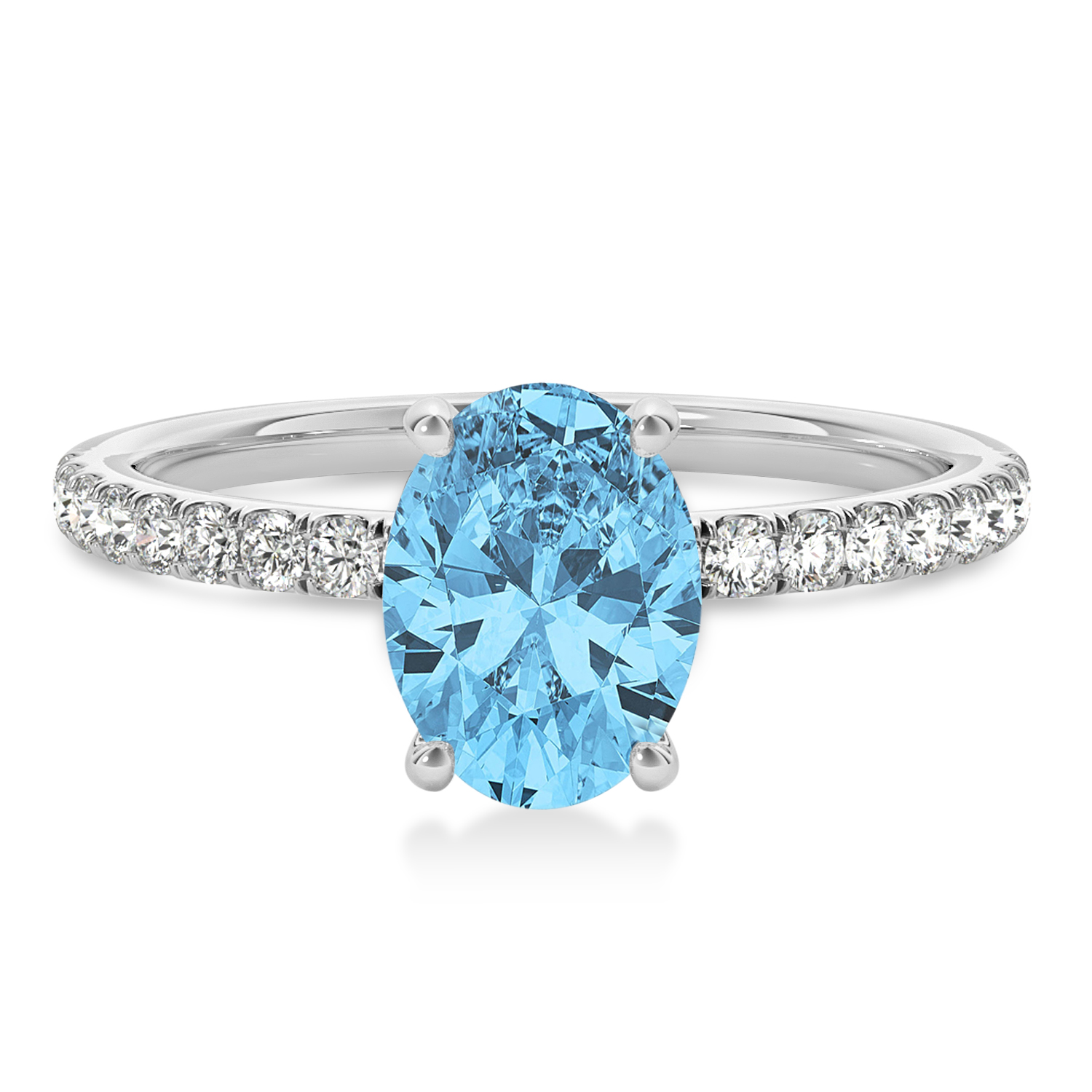Oval Blue Topaz & Diamond Single Row Hidden Halo Engagement Ring Platinum (0.68ct)