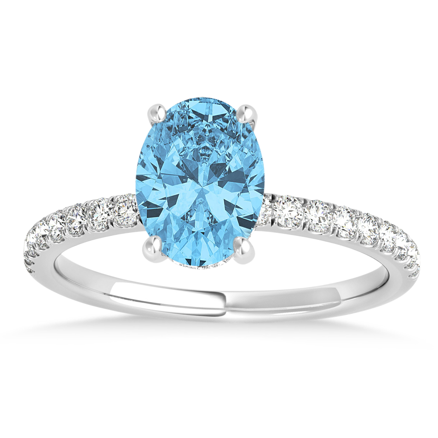 Oval Blue Topaz & Diamond Single Row Hidden Halo Engagement Ring Platinum (0.68ct)