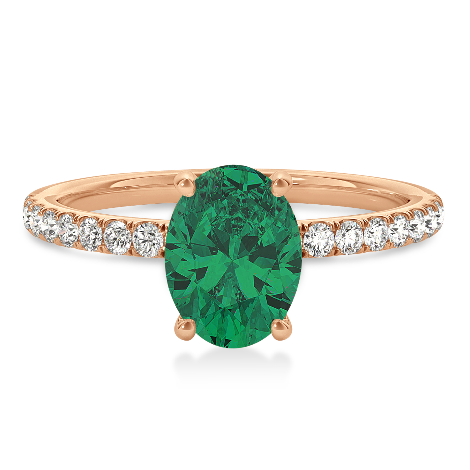 Oval Emerald & Diamond Single Row Hidden Halo Engagement Ring 14k Rose Gold (0.68ct)