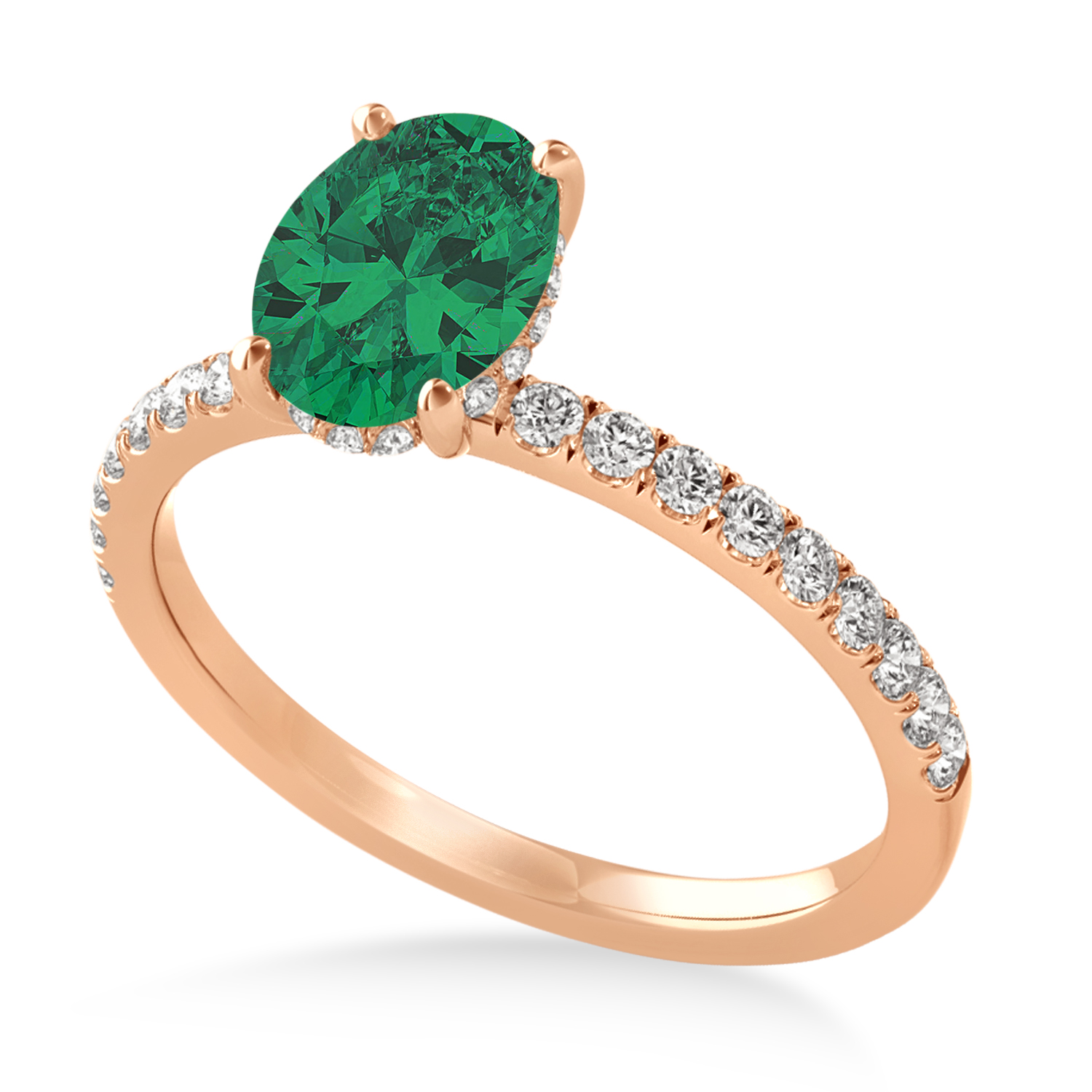 Oval Emerald & Diamond Single Row Hidden Halo Engagement Ring 14k Rose Gold (0.68ct)
